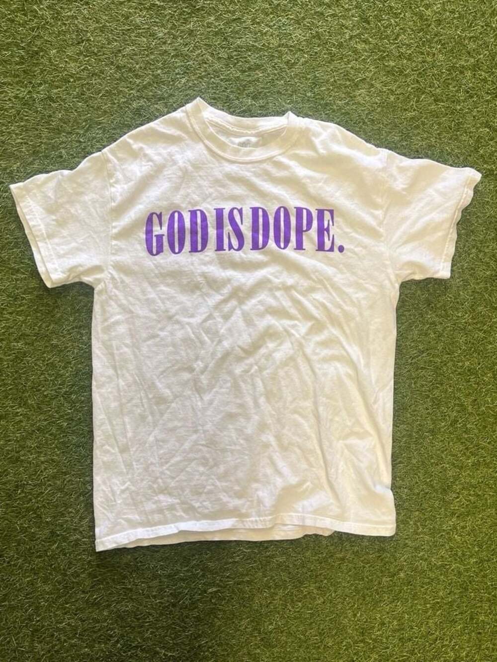 God Is Dope White Graphic Tee with Purple Text Size Medium